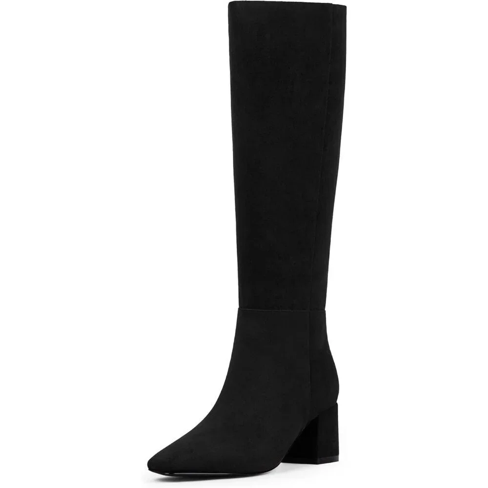 Women's Suede Black Knee High Boots Square Toe Tall Chunky Heel Rubber